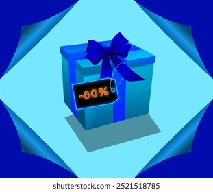 Anuncio de descuento con un 80% de descuento. Caja de regalo 80 por ciento de descuento. estilo neón. Ilustración vectorial..