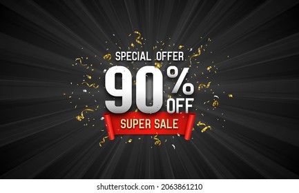 Discount banner 90% off. Promotion poster with confetti and red ribbon. Vector illustration.