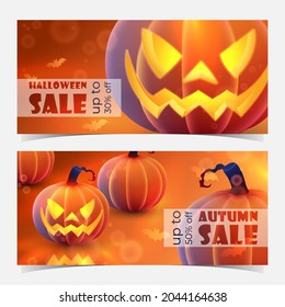 Discount banner for Autumn, Halloween sale with luminous, luminescent orange pumpkin on ginger background. Vector Holiday illustration for postcard, web, cards, party, advertising.