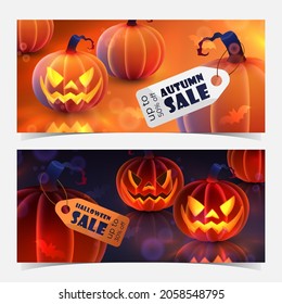 Discount banner for Autumn sale with orange pumpkin, maple leaves and percent tags on ginger and dark background. Vector Holiday illustration for postcard, banner, cards, party, design, advertising.