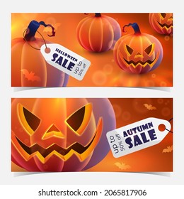 Discount banner for Autumn sale with orange pumpkin, maple leaves and percent tags on ginger background. Vector Holiday illustration for postcard, banner, cards, party, design, advertising.