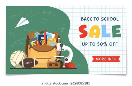Discount banner for back to school sale. Green chalkboard and graph paper background. Colorful backpack filled with essential school supplies. Discount offer web promo poster. Flat vector illustration
