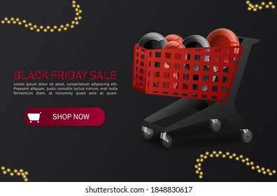 Discount banner with button.Black Friday sale lettering template design with cart and gifts. Black Friday banner. Vector illustration. Cover Template. 