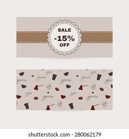 Discount banner in coffee theme. Vector EPS 10.
