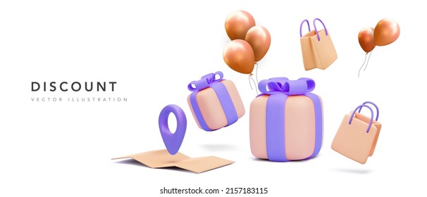 Discount banner design with 3d rendering gifts on white background with balloons, shopping bags and map with pointer. Vector illustration