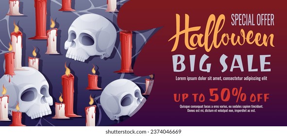 Discount banner design with skull and candles. Halloween sale, discount voucher. Template for banner, poster, flyer, advertisement.