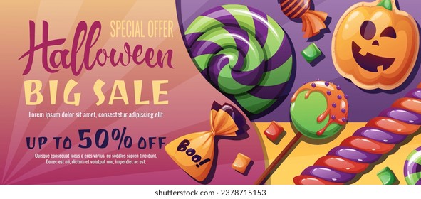 Discount banner design with sweets and pumpkin cookies. Halloween sale, discount voucher. Template for banner, poster, flyer, advertisement.
