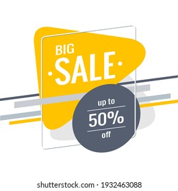 Diseño de banner de descuento. Plantilla con texto Gran venta, hasta un 50% de descuento. Punto triangular amarillo, rayas grises sobre un fondo blanco. Oferta especial, promoción, publicidad. Estilo plano. Ilustración vectorial.