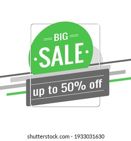 Diseño de banner de descuento. Plantilla con texto: Gran venta, hasta un 50% de descuento. Círculo verde, ovalado, rectángulo gris, rayas sobre un fondo blanco. Oferta especial, promoción y publicidad. Estilo plano. Vector.