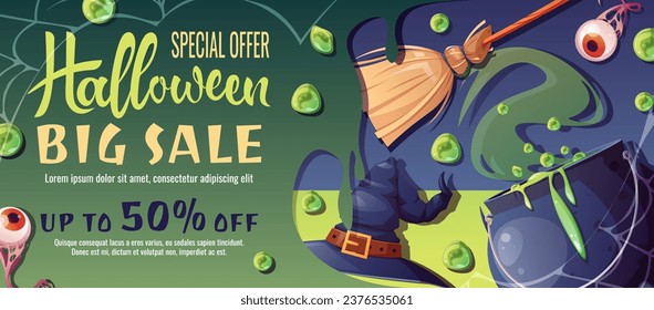 Discount banner design with witch's cauldron, broom and hat. Halloween sale, discount voucher. Template for banner, poster, flyer, advertisement..