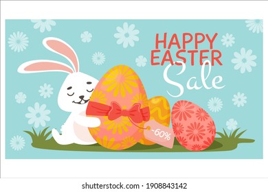 
Discount banner. Easter eggs, bunny grass with a gift egg. Easter discounts. Vector illustration. For banners, flyers of the main page of the site