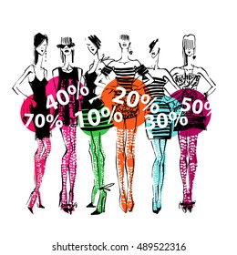 Discount Banner with fashionable girls. Fashion illustration. Under them different percent.