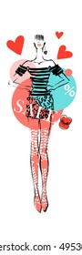 Discount Banner with fashionable girls. Fashion illustration. Under them different percent.