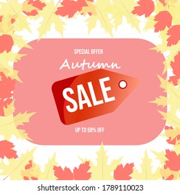 Discount banner with inscription Autumn sale up to 50% off. 