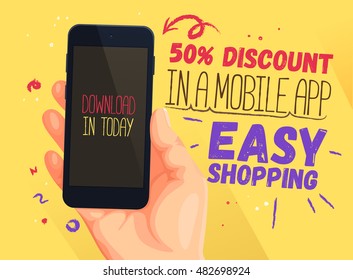 Discount Banner For Mobile App. Easy Shopping. Discount Banner Design, Website Sale, Poster Design For Print Or Web, Media, Promotional Material.