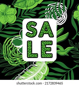 Discount banner, discount poster decorated with monochrome tropical leaves and strelitzia flowers. Tropical palm leaves, monster and hand-drawn sketch elements. Vector illustration on black background