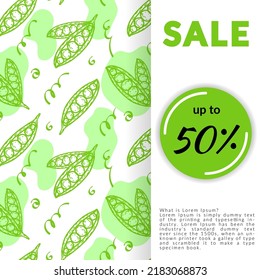Discount banner, discount poster, farm store advertising template. Open green peas. Abstract spots with tendrils of pea plants, hand-drawn sketch elements. Vegetables. Vector illustration.