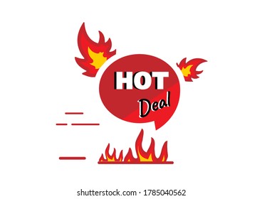 Discount banner promotion with fire vector isolated on white background, hot deal tag sale