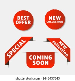 Discount banner promotion template. Vector badges and labels isolated on white background. Sale tags collection. Red ribbon and banner with Special, New, Coming Soon, Best Offer text. Stock vector