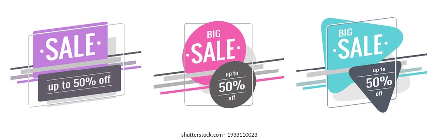 Juego de banner de descuento. Venta masiva de texto, hasta un 50% de descuento. Colores púrpura claro, rosa y azul. Rectángulos, triángulos, círculos, rayas sobre un fondo blanco. Oferta especial, promoción, diseño publicitario. 