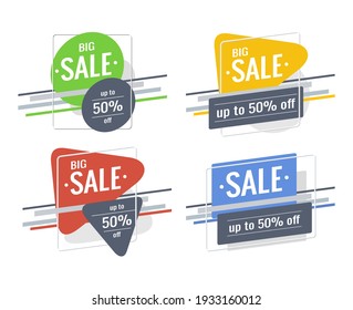 Discount  banner set. Text Big Sale, up to 50% off. Bright green, yellow, red, blue colors. Rectangles, triangles, circles, stripes on a white background. Special offer, promotion, advertising design.