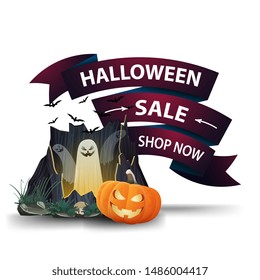 Discount banner in the shape of a pink ribbon for Halloween with portal with ghosts and pumpkin Jack