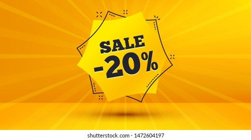 Discount banner shape. Sale 20 percent off badge. Coupon bubble icon. Abstract yellow background. Modern concept design. Banner with offer badge. Vector