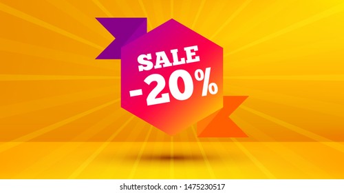 Discount banner shape. Sale 20 percent off badge. Coupon bubble icon. Abstract yellow background. Modern concept design. Banner with offer badge. Vector