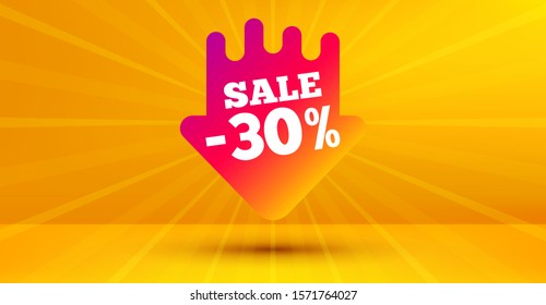 Discount banner shape. Sale 30 percent off badge. Coupon arrow icon. Abstract yellow background. Modern concept design. Banner with offer badge. Vector