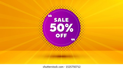 Discount banner shape. Sale 50% off badge. Coupon bubble icon. Abstract yellow background. Modern concept design. Banner with offer badge. Vector
