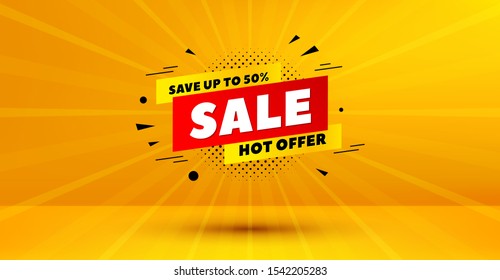 Discount Banner Shape. Sale 50% Off Badge. Hot Offer Icon. Abstract Yellow Background. Modern Concept Design. Banner With Offer Badge. Vector