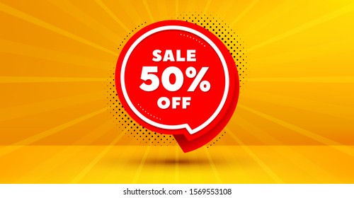 Discount banner shape. Sale 50% off badge. Coupon bubble icon. Abstract yellow background. Modern concept design. Banner with offer badge. Vector