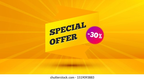 Discount banner shape. Special offer badge. Sale coupon icon. Abstract yellow background. Modern concept design. Banner with offer badge. Vector