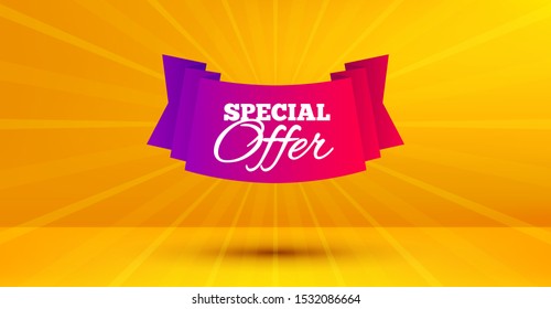 Discount banner shape. Special offer badge. Sale coupon tag icon. Abstract yellow background. Modern concept design. Banner with offer badge. Vector