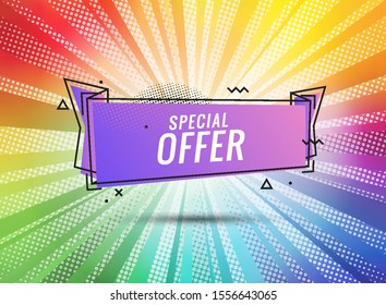 Discount banner shape. Special offer badge. Sale coupon bubble icon. Abstract color sunbeams background. Modern concept design. Banner with offer badge. Vector illustration