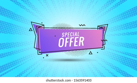 Forma de pancarta de descuento. Tarjeta de oferta especial. Icono de burbuja de cupón de venta. Resumen de fondo de vigas de sol azules. Diseño conceptual moderno. Cartel con insignia de oferta. Ilustración del vector