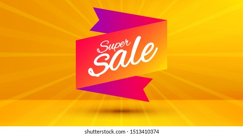 Discount banner shape. Super sale badge. Coupon tag icon. Abstract yellow background. Modern concept design. Banner with offer badge. Vector