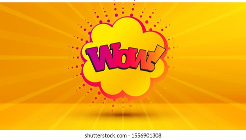 Discount banner shape. Wow comic bubble badge. Sale coupon icon. Abstract yellow background. Modern concept design. Banner with offer badge. Vector