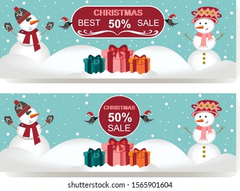 Discount banner with snowmen, vector illustration, copy space, new year card, 2 snowmen with headdresses, gifts are standing in the snow, birds are holding ads, eps 10