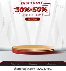 discount banner social media template post with blank space 3d podium for product with abstract white gradient background design