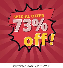 Anuncio de descuento con oferta especial de 73% de descuento, Anuncio de descuento para negocios y recursos gráficos.