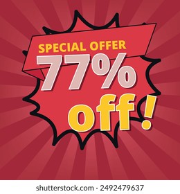 Anuncio de descuento con oferta especial de 77% de descuento, Anuncio de descuento para negocios y recursos gráficos.