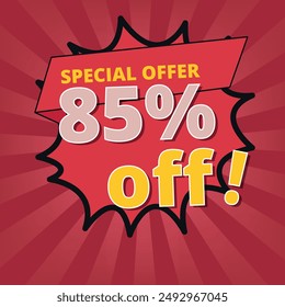 Discount banner with special offer of 85% off, discount banner for business and graphic resources.