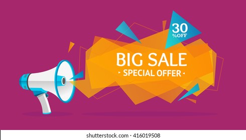 Discount Banner Sticker with Megaphone. Big Sale. Vector illustration