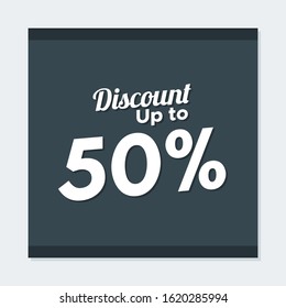 Discount banner template illustration. Social media post with dark grey color concept. 50% off discount banner