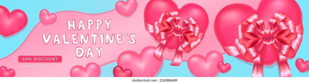 Discount banner for Valentine's Day, 50% off. Vector illustration. Festive pink banner for the site header
