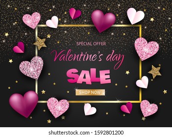 Discount banner for Valentine's day, with hearts, sequins on a black background. vector