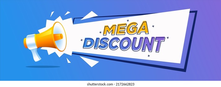 discount banner vector with megaphone. Banner announcing mega discount with half price reduction. Special offer with 50 percent off advertisement. Promotion poster template megaphone vector.