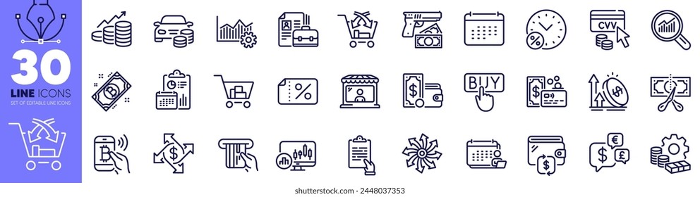 Discount banner, Wallet money and Bitcoin pay line icons pack. Buy car, Loan percent, Cut tax web icon. Versatile, Report, Operational excellence pictogram. Growth chart, Market seller. Vector