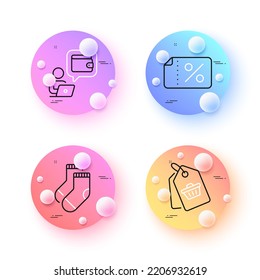 Discount banner, Wallet and Socks minimal line icons. 3d spheres or balls buttons. Sale tag icons. For web, application, printing. Sale coupon, Online money, Underwear accessory. Shopping cart. Vector
